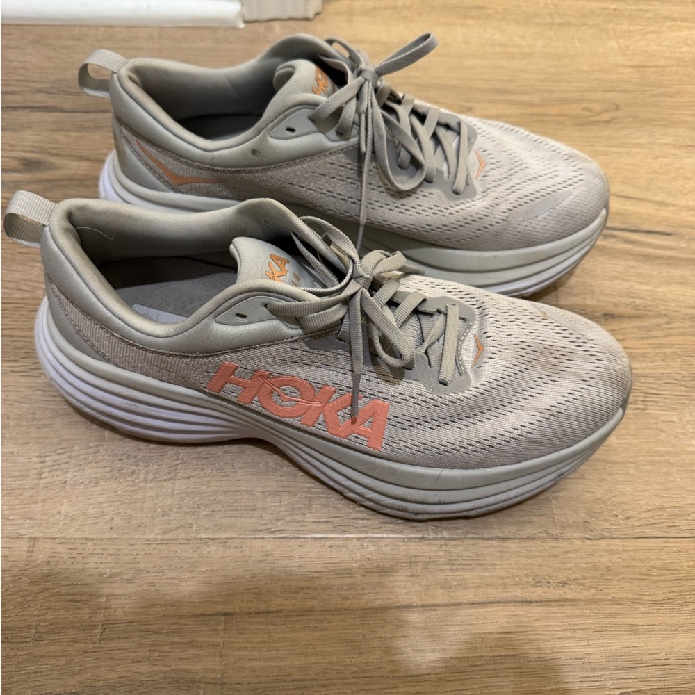 Hoka Neutral Running Sneakers in Light Gray with Peach Accents
